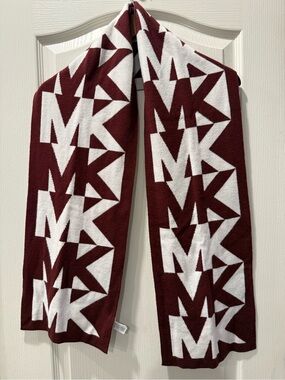 Michael Kors Burgundy and White Geometric Hooded Scarf Wrap